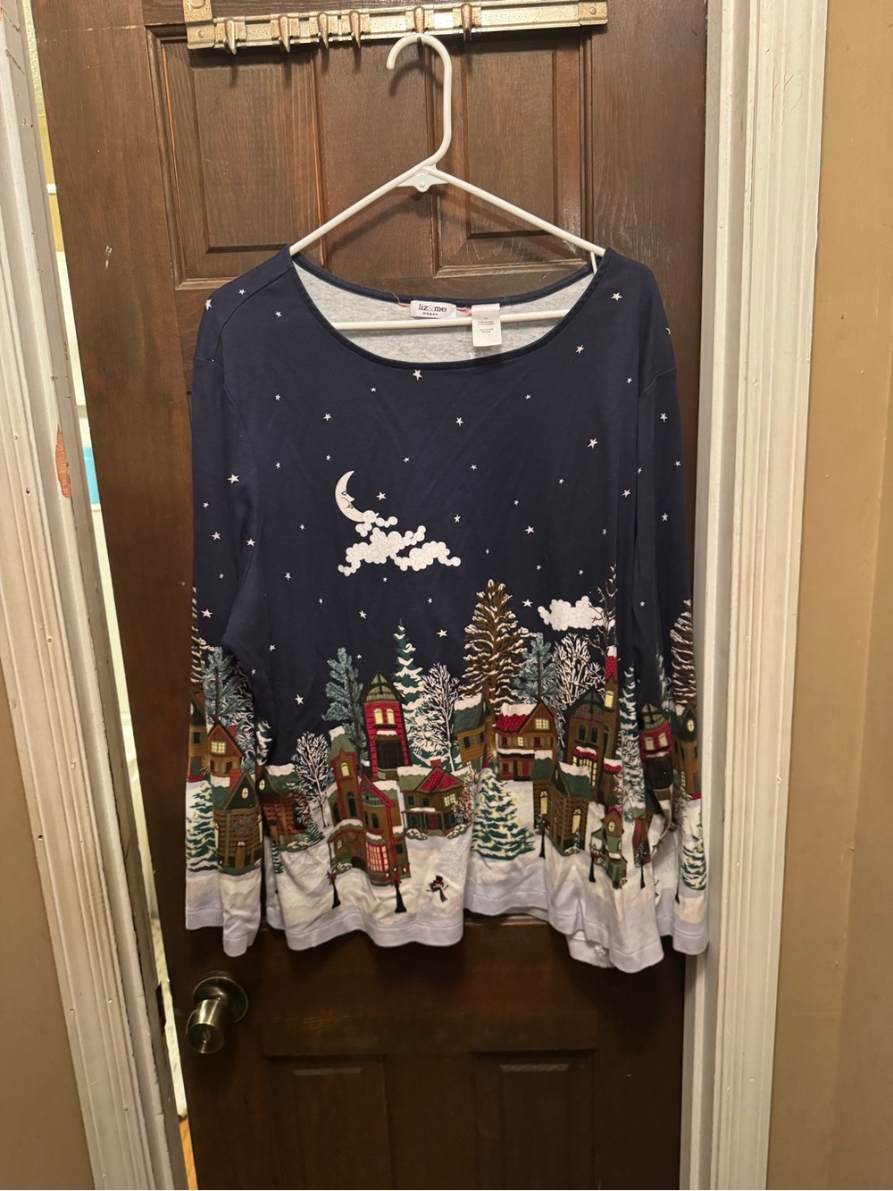 Women’s Liz & Me Size 3X Navy Holiday Village Pullover Long Sleeve Shirt